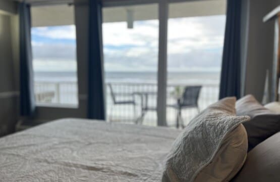 Looking out at the ocean from our comfy king bed