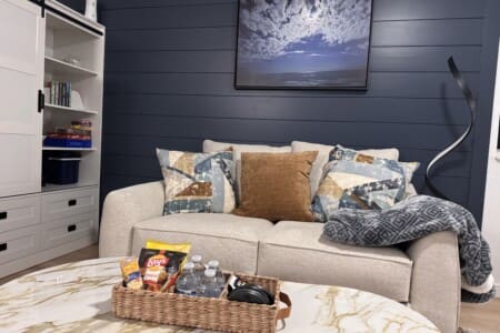 SUPER comfy couch, the cavas is a picture we took during a full moon one night here. It just goes so well on out shiplap wall.
